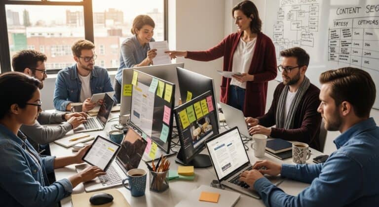 Team working on writing articles, brainstorming content SEO in bright office.